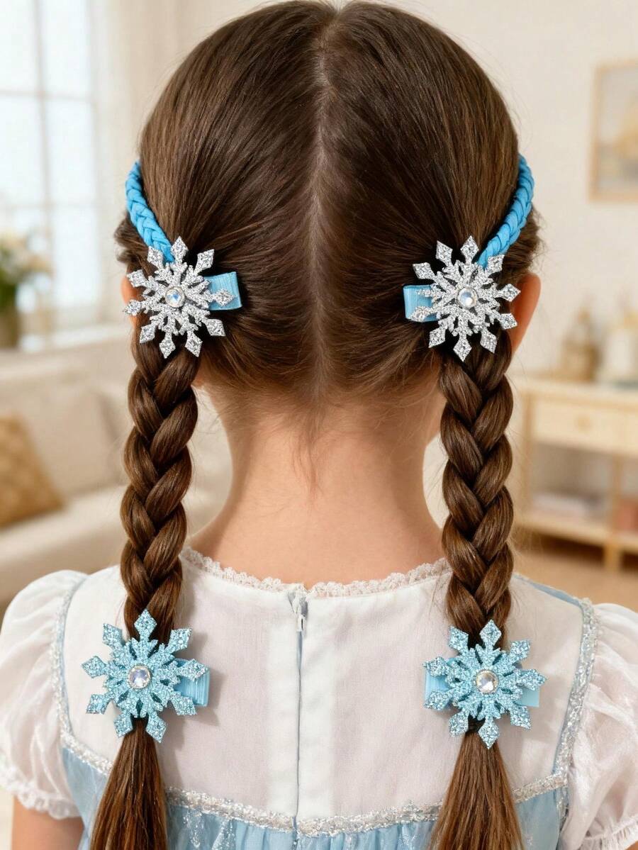 2pcs/Set Girls Elsa Princess Snowflake Hair Clips Set, Suitable For Daily Decoration, Christmas Decoration