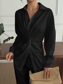 Women Solid Color Drop Shoulder Long Sleeve Twist Front Shirt - Black - View 4