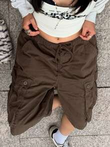 Women Y2k Drawstring Cargo Shorts Baggy Denim Shorts Summer Fashionable Wide Leg Knee Length Jean Shorts With Pocket Streetwear - màu nâu - Xem 8