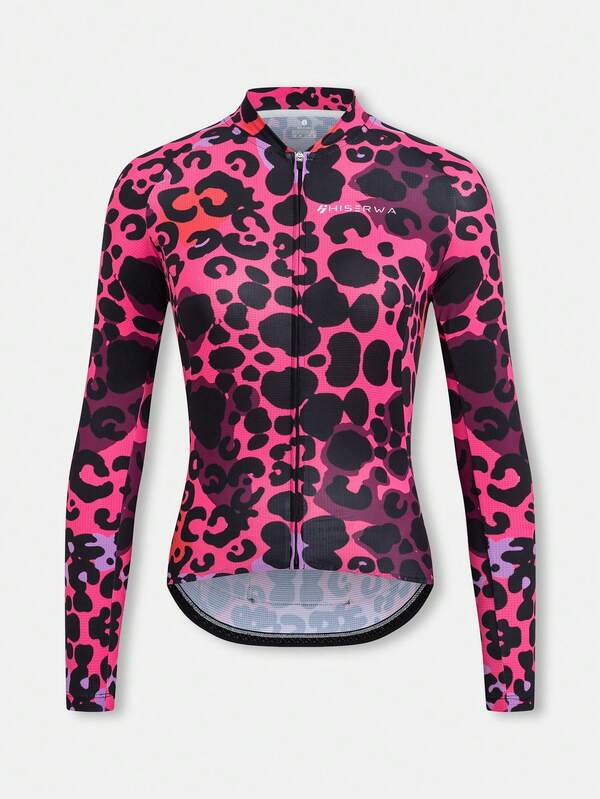 HISERWA (Estilo ajustado) Maillot de ciclismo de manga larga, transpirable y de secado rápido, con estampado de leopardo, para mujer, equipo de bicicleta de montaña