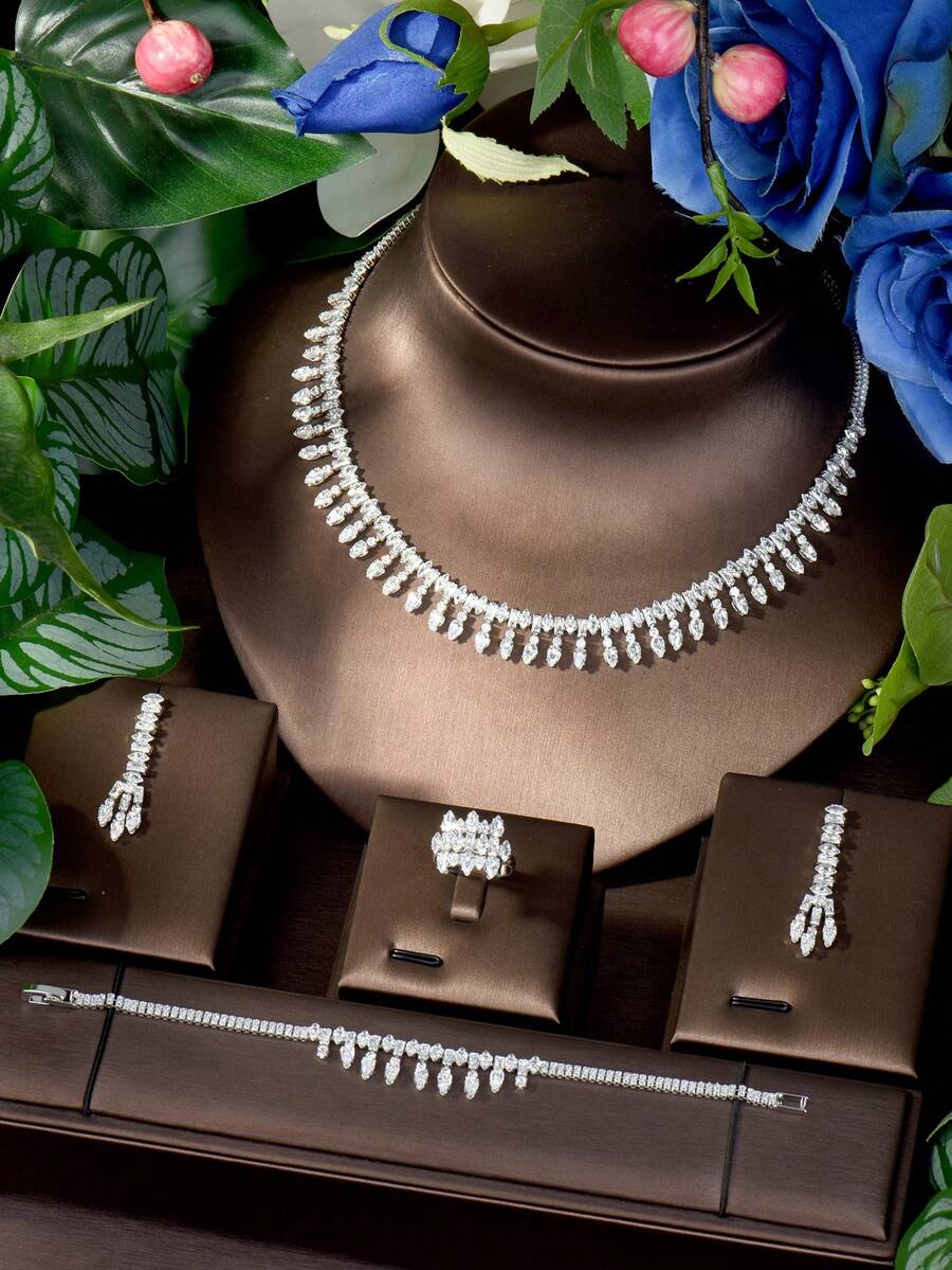 1 Set Minimalist Jewelry Set, Cubic Zirconia Rhombus Decor, Suitable For Women, Exclusive, Travel Wear