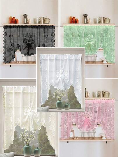 1pc Solid Color Pull-Type Kitchen Curtain, Lightweight Sheer Curtain, Rod Pocket Design, Room Divider Suitable For Bedroom, Living Room, Dining Room, Kitchen Decor,Suitable For Living Room And Bedroom Decoration, Fashionable And Chic Floral Lace Translucent Curtains.
