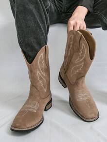 Botas vaqueras de cuero de alta caña para hombres, bordadas, estilo británico retro, estilo occidental vintage, botas de motocicleta de ante