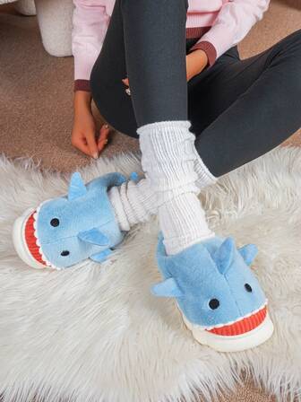Winter Cartoon Slippers For Women, Blue Color Cartoon Shark Plush Women's Thermal Slippers, Warm & Comfortable Animal-Themed Home Shoes, Washable Indoor House Shoes With Cozy Fabric Lining And Cushioned Fabric Insole