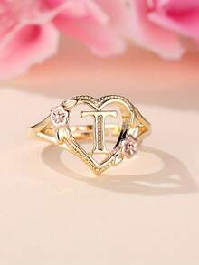 Tsnamer 1枚精美立方氧化锆金色字母心形戒指，26个字母A-Z可定制姓名花朵图案，可调节开口手镯式戒指，适合女性和女孩日常佩戴，生日珠宝礼物 - 金黃色花朵 - 查看 34