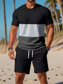 男士夏季短袖T恤短裤套装，个性拼接撞色时尚休闲装，带口袋，抽绳腰带裤子，两件套，适合通勤、街头穿搭，送给老公、男友的礼物 - 彩色 - 查看 1