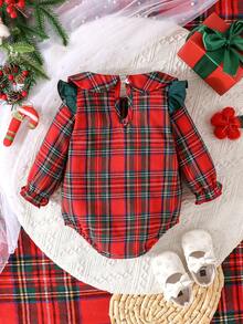 Baby Girls' Peter Pan Collar Cute Striped & Plaid Christmas Atmosphere Fashion Adorable Long Sleeve Bodysuit, Spring/Autumn - Red - View 2