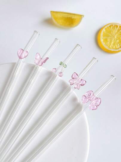 1Pc/1Set Reusable Shatter-Resistant Glass Straws Cutlery Set With Pink Butterfly/Bow/Heart/Cherry Stuff, Clear And Bent Glass Drinking Straws,For Kitchen Accessories,Straw Topper,Water Cup,Cold Drinks, Milk Tea, Coffee, Juice, Smoothies, Home, Restaurants, Cocktail Parties, Back-To-School,Funny Gifts For Girlfriends/Boyfriends, Parents, Friends, Holiday Supplies, New Year, Valentine's Day.