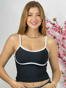 KIT 2 peças Regata Cropped Feminina Decotada com Bojo e Alças Finas 2334 com Costura Contraste no Busto - Tamanho Único - Fashion, Blogueira, Confortável, Lindo, Delicado, Ocasional e Moderno - Bege e Preto - Visão 2