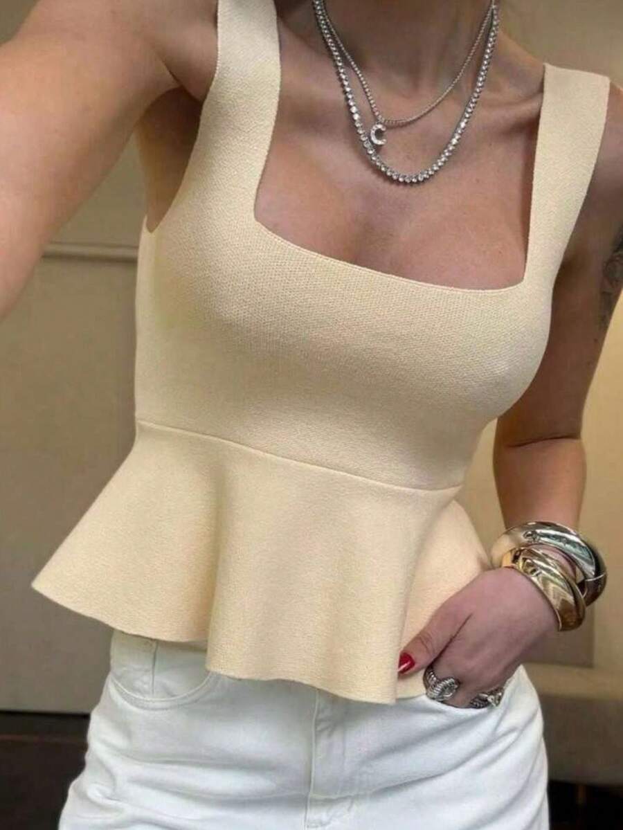 Women's Tank Top With Ruffle Peplum Tricot Modal Summer 2025 Realize Trico Rodadinha - Butter Yellow - View 1