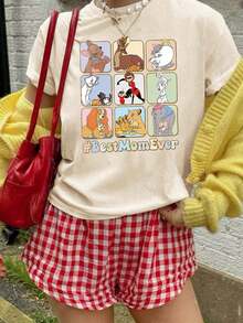 Women's New Round Neck Short Sleeved Plus Size Summer, Casual Style Anime Patterns Printed Plus Size Round Neck T-Shirt, Sweet And Gentle Temperament, Slim And Comfortable Summer Tops, Suitable For Daily Casual Wear, Graphic Tees Women, Khaki Colored Top, Summer For Women