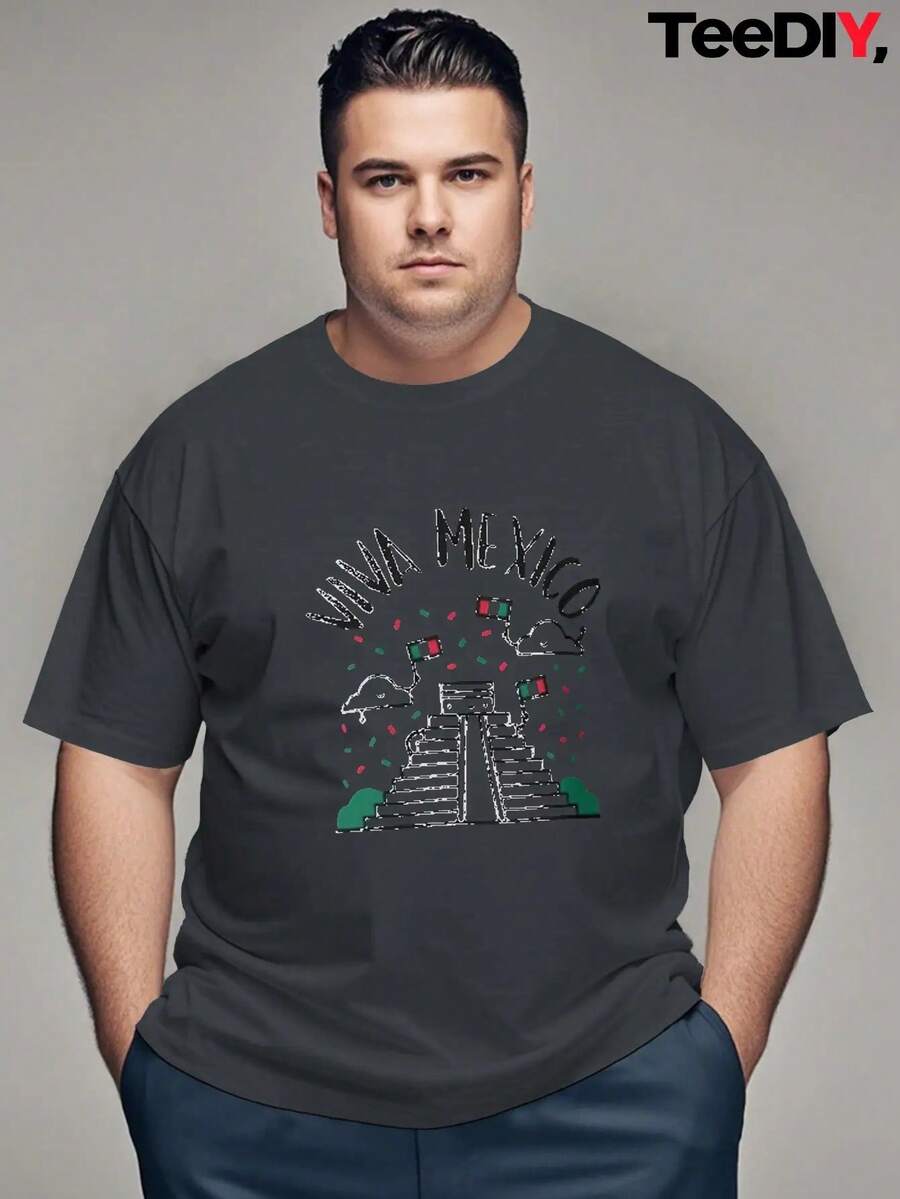 Camiseta de Talla Grande para Hombre del Día de la Independencia Mexicana - Camiseta Vintage Beige con Gráfico "VIVA MÉXICO" y Banderas de Chile, Ligera y Transpirable para Fiestas de Cinco de Mayo o el Día de la Independencia - Lavable a Máquina, TALLA GRANDE - Negro - Ver 1