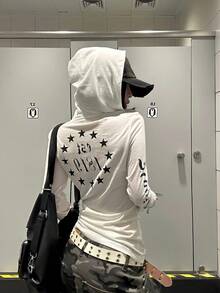 女款美国朋克风格字母印花长袖连帽T恤 - 白色 - 查看 3