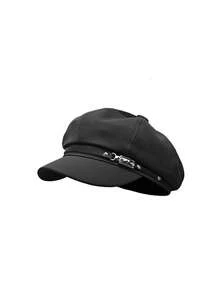 1pc Solid Color Newsboy Cap, Retro Fashion Style Cotton Material, Classic Silhouette With Black Leather Band And Metal Buckle Detail, Flattering Head Shape And Sun-Shading Function, Suitable For Spring/Autumn Daily Outings, Casual Dates And More