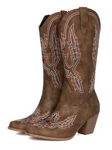 Embroidered Western Cowboy Boots For Women Mid Calf Cowgirl Boots Slip On Pointed Toe Chunky Heel Knee High Boots With Pull On Tabs Tall Boots For Girls Ladies - Cây gai - Xem 5