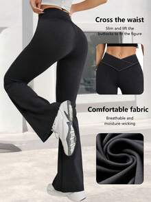 Women's Flare Pants, High Waist Elastic Polyester Yoga Pants, Vintage Criss-Cross Waist Wide Leg Pants, Solid Color Skinny Workout Leggings Suitable For All Seasons, Casual Slim Fit Flare Pants With Elastic Waist