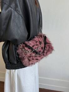 1 Túi đeo vai bằng lông giả họa tiết báo đốm màu đỏ tía dành cho nữ kèm dây xích, thời trang thu đông, túi lông mới về dành cho nữ - Màu Đỏ Sâu - Xem 8