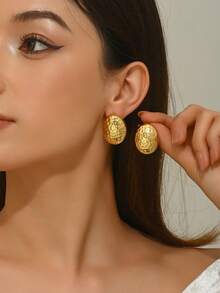 1 Pair Minimalist Elegant Smooth Oval Stainless Steel Stud Earrings, Suitable For Women's Daily Wear/Party, Great Gift For Her