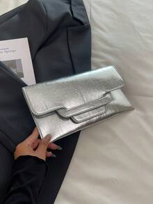 1 件时尚银色裂纹 PU 信封手拿包，适合女性日常、约会、晚会 - 銀色 - 查看 7