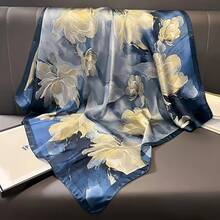 35.43inch Blue Printed Square Scarf, Fashionable Slim Satin Shawl, Summer Women's Headscarf - Màu xanh - Xem 2