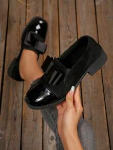 2025 New Vintage British Style Square Heel Slip-On Women's Flats, Elegant Versatile Pair With Dresses, Bowknot Round Toe Loafers, Comfortable For Long Wear