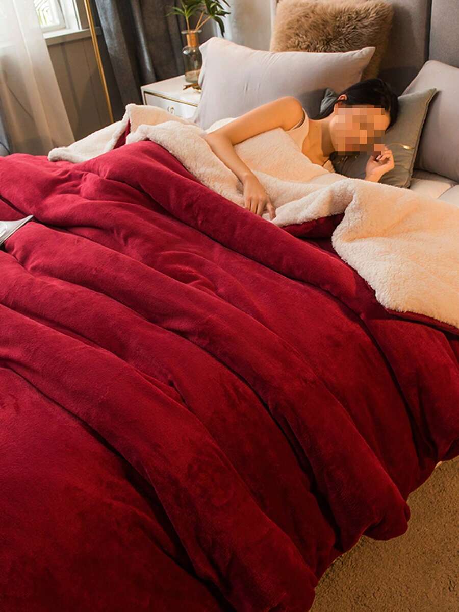 1 pièce Couverture en laine d'agneau douce, légère et confortable en peluche bordeaux. Couverture matelassée de luxe avec fermeture éclair, convient pour la chambre à coucher, la chambre d'amis, le canapé, lavable en machine - Rouge foncé - Voir 1