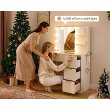 36.2 Inch Fluted Vanity Desk With Mirror And Adjustable LED Lights, Elegant Makeup Vanity With Glass Top, 4 Drawers, And Built-In Charging Station For Bedroom Or Dorm, Ideal For Women And Girls - Xem 4