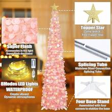Árbol de Navidad artificial desplegable de 1.8 metros con 100 luces LED con cronómetro, árbol de Navidad de oropel verde, decoración de festividades para el hogar, oficina, fiesta - Rosa - Ver 7