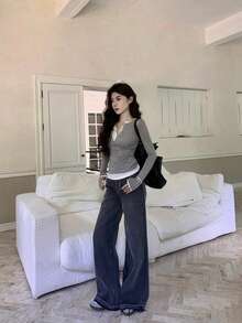 初秋女士休闲二合一修身长袖T恤