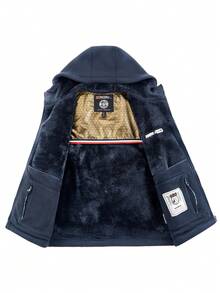 男士藏蓝色抓绒拉链连帽户外休闲长袖外套，秋冬季款 - 藏蓝色 - 查看 3