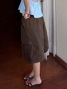 Women Y2k Drawstring Cargo Shorts Baggy Denim Shorts Summer Fashionable Wide Leg Knee Length Jean Shorts With Pocket Streetwear - màu nâu - Xem 3