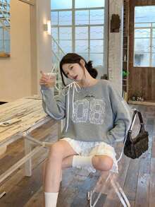 女式休闲字母印花不对称露肩长袖针织运动衫，秋季运动装 - 灰色 - 查看 2