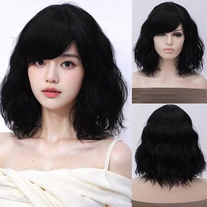 Synthetic Short Wavy Bob Black Purple Grey Pink Wig With Bangs Fluffy Women Halloween Cosplay Lolita Wig For Daily Party