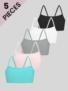 5件装女童纯色简约舒适透气吊带背心文胸，无缝柔软，适合学生日常穿着内衣