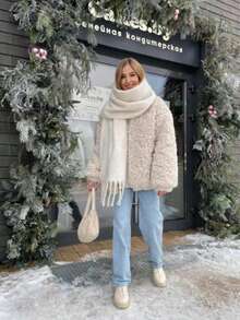 1PC Women Autumn/Winter White Solid Color Versatile College Style Elegant Coarse Beard Thick Warm Scarf, Suitable For Cold Proof Shopping And Dressing In Autumn/Winter Season - White - View 3