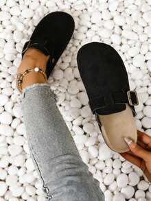 Women's Suede Mule Slippers, Casual Shoes, Flat Slippers, With Metal Buckle Decoration, Round Toe, Non-Slip Rubber Sole, Suitable For Spring And Summer Home Wear And Outdoor Vacations - màu đen - Xem 12