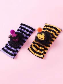 2pcs/Set Cute Baby Hair Accessories, 3D Mesh Floral Pom Pom Hat Decor, Soft Comfortable Striped Nylon Baby Headband, Halloween Party Holiday Headpiece