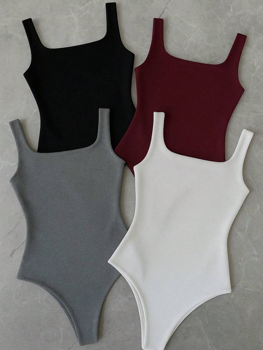 Kit 4 Bory Bodi Leotard Tank Top Thick Strap Casual Second Skin Fashion Women's Female P M G GG - 白色/酒紅色/灰色/黑色 - 查看 1