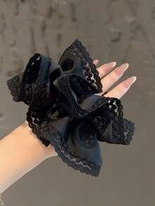 Elegant Lace Embroidered Scrunchies, Double-Layer Hair Ties, Ponytail Holder, Hair Scrunchies, Hair Accessories, Solid Color, Polyester, Suitable For All Seasons ,Scrunchy Hair Ties Makeup Home Gym Woman Accessories Head Accessories Elastic Band Hair Rubber Bands - Black - View 13