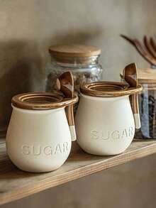 1pc Ceramic Seasoning Jar With Lid And Spoon, Household Kitchen Salt Jar, Sugar Jar, Coffee Bean, Tea Leaf Storage Canister - Beige - View 1