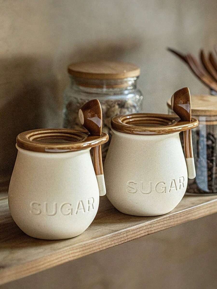 1pc Ceramic Seasoning Jar With Lid And Spoon, Household Kitchen Salt Jar, Sugar Jar, Coffee Bean, Tea Leaf Storage Canister - Beige - View 1