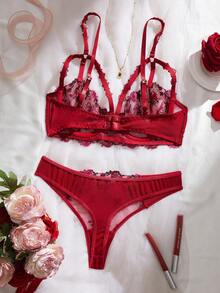 Women's Sexy Lingerie Set, Burgundy Embroidered Floral Bra And Panty 2-Piece Set, Comfortable Solid Thong, Sensual For Valentine's Day Couples