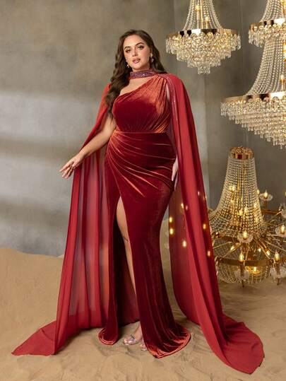 Plus Size Women's Elegant Formal Evening Gown, Stand Collar, Fishtail Hem, Fitted Silhouette, Suitable For Attending Galas, Red Carpet Events, Opera Nights, Awards Ceremonies, Charity Balls And Other Occasions