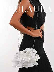 Bolso de mano elegante y encantador con diseño de pétalos de OpulAura para mujer, bolso con volantes adecuado para vestido de noche, apto para boda/vacaciones/fiesta formal/baile de graduación, incluye cadena - Blanco - Ver 9