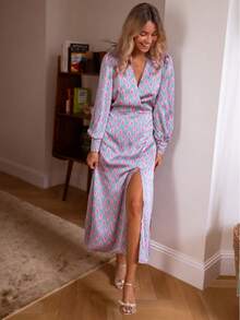 Elegancka i modna sukienka damska z długim rękawem i kolorowym wzorem syjamskim – cała część ma eleganckie, wysokie rozcięcie aż do przodu uda, zapinane na guziki, idealna na codzienne randki, imprezy, wakacje, popołudniową herbatę i oficjalne okazje