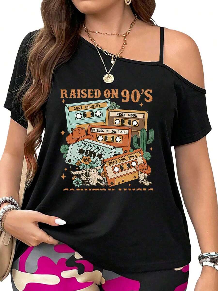 90s Country Music Cassette Compilation Gone Country, Neon Moon, Friends In Low Places, Pickup Man, Write This Down Womens Casual Tops Side Twist Knotted Tops Cold Shoulder T-Shirt - màu đen - Xem 1