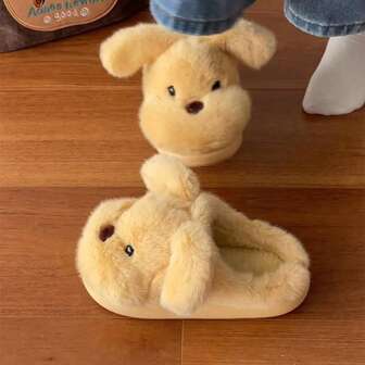 1 Pair Cute Puppy Plush Slip-On Slippers For Women, Thick Sole Warm Closed Toe Thermal Slippers, Autumn/Winter