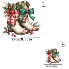 1 pièce/2 pièces/3 pièces Autocollants de transfert de chaleur en feuille d'aluminium de bottes de cowboy occidental, avec motif à carreaux rouges et verts, boucle et nœud marrons - Décalcomanies de presse à chaud DTF pour t-shirts, jeans, sacs, oreillers, artisanat textile - Décoration de Noël thème western à motif à carreaux avec boucle dorée et nœud rouge, couleurs de vêtements vibrantes