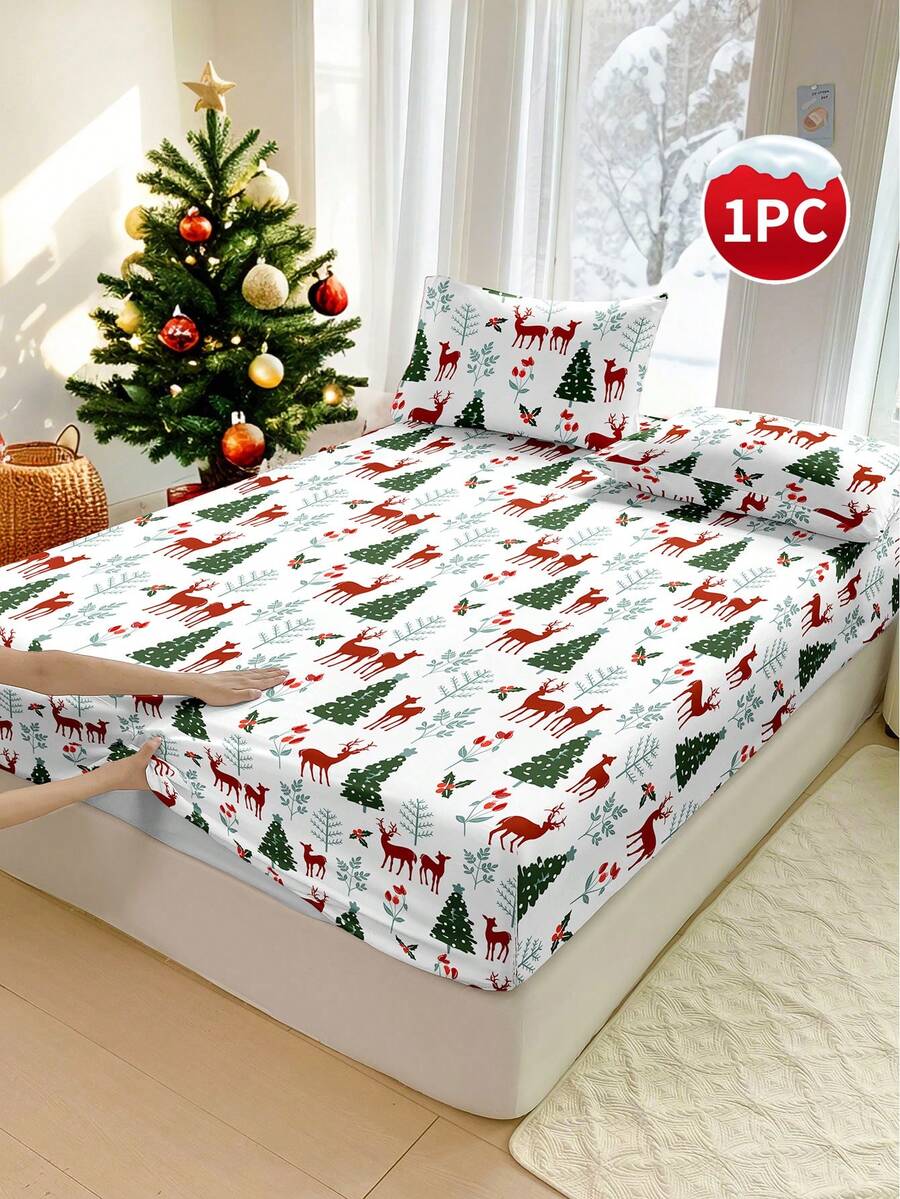 1pc Christmas Bow Reindeer Christmas Tree Print Fitted Sheet, Bedding, Fitted Sheet, Mattress Cover, Soft Comfortable Bedroom Mattress Protector, Fitted Sheet Only, Machine Washable - Multicolor - View 1
