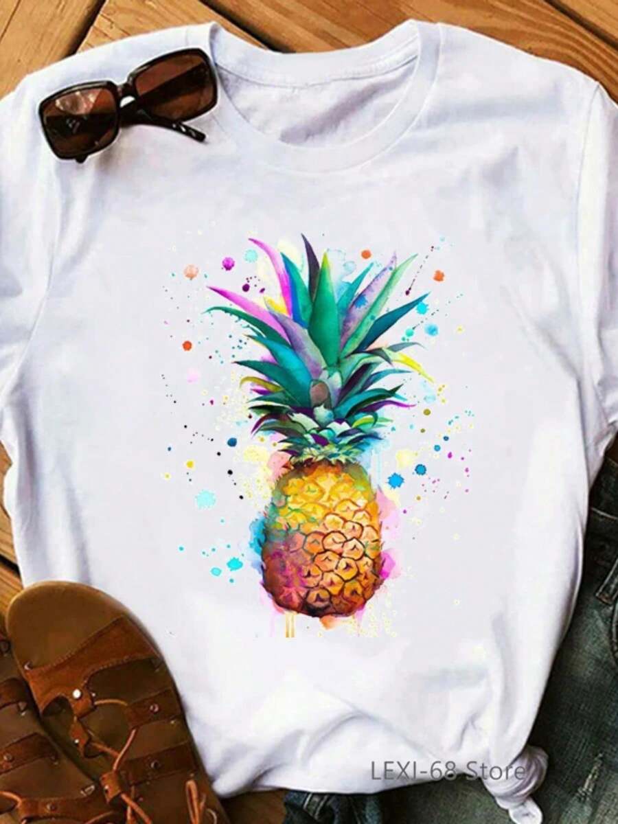 Watercolor Pineapple Print Women'S Tshirt Cute Girls Ladies White Short Sleeve Round Neck T Shirt Female T-Shirts Summer Top Tee - 白色 - 查看 1